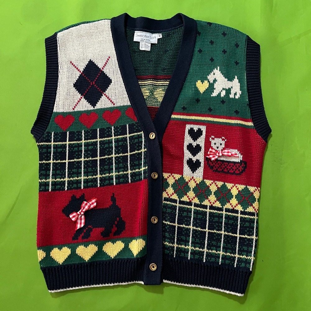 90s Sweater Ribbon Vintage Scottie Dog Heart Cotton Cardigan Vest Womens M